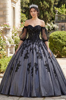 Laden Sie das Bild in den Galerie-Viewer, Schwarz Prinzessin Perlenverziert Blumen Lang Quinceañera Kleid mit Spitze