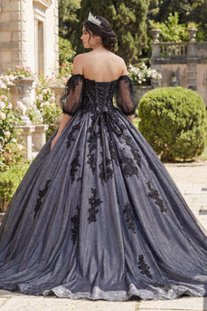 Schwarz Prinzessin Perlenverziert Blumen Lang Quinceañera Kleid mit Spitze