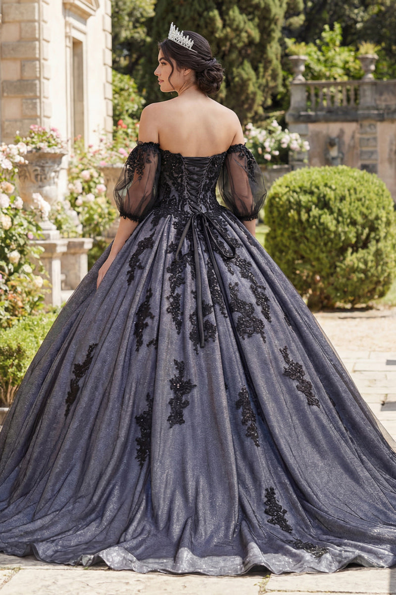 Laden Sie das Bild in den Galerie-Viewer, Schwarz Prinzessin Perlenverziert Blumen Lang Quinceañera Kleid mit Spitze