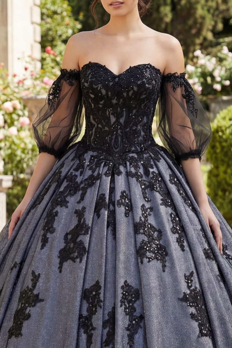 Laden Sie das Bild in den Galerie-Viewer, Schwarz Prinzessin Perlenverziert Blumen Lang Quinceañera Kleid mit Spitze