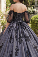 Laden Sie das Bild in den Galerie-Viewer, Schwarz Prinzessin Perlenverziert Blumen Lang Quinceañera Kleid mit Spitze