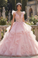 Laden Sie das Bild in den Galerie-Viewer, V-Ausschnitt Rosa Prinzessin Blumen Lang Korsett Quinceañera Kleid mit Rüschen