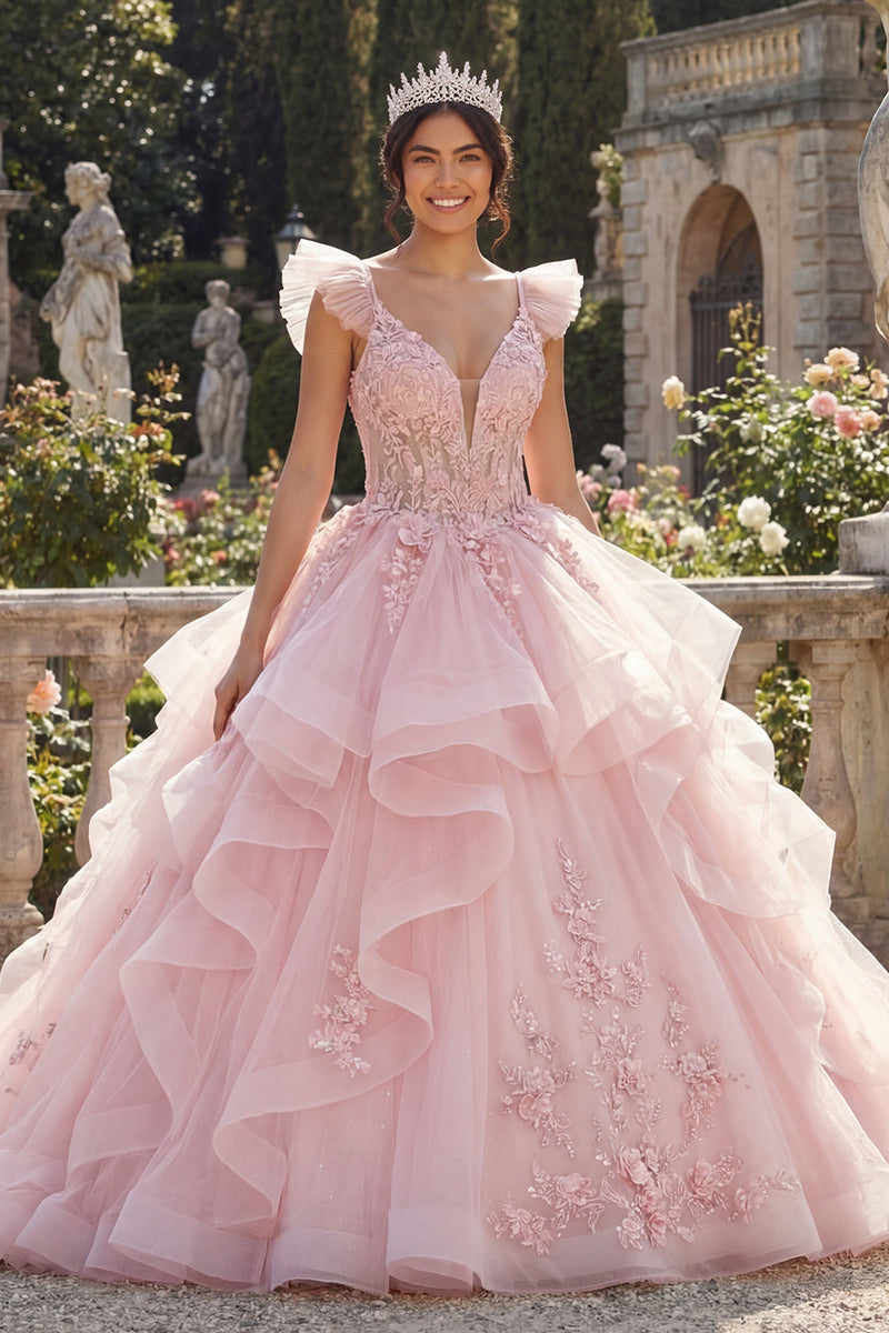 Laden Sie das Bild in den Galerie-Viewer, V-Ausschnitt Rosa Prinzessin Blumen Lang Korsett Quinceañera Kleid mit Rüschen