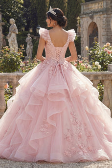 V-Ausschnitt Rosa Prinzessin Blumen Lang Korsett Quinceañera Kleid mit Rüschen