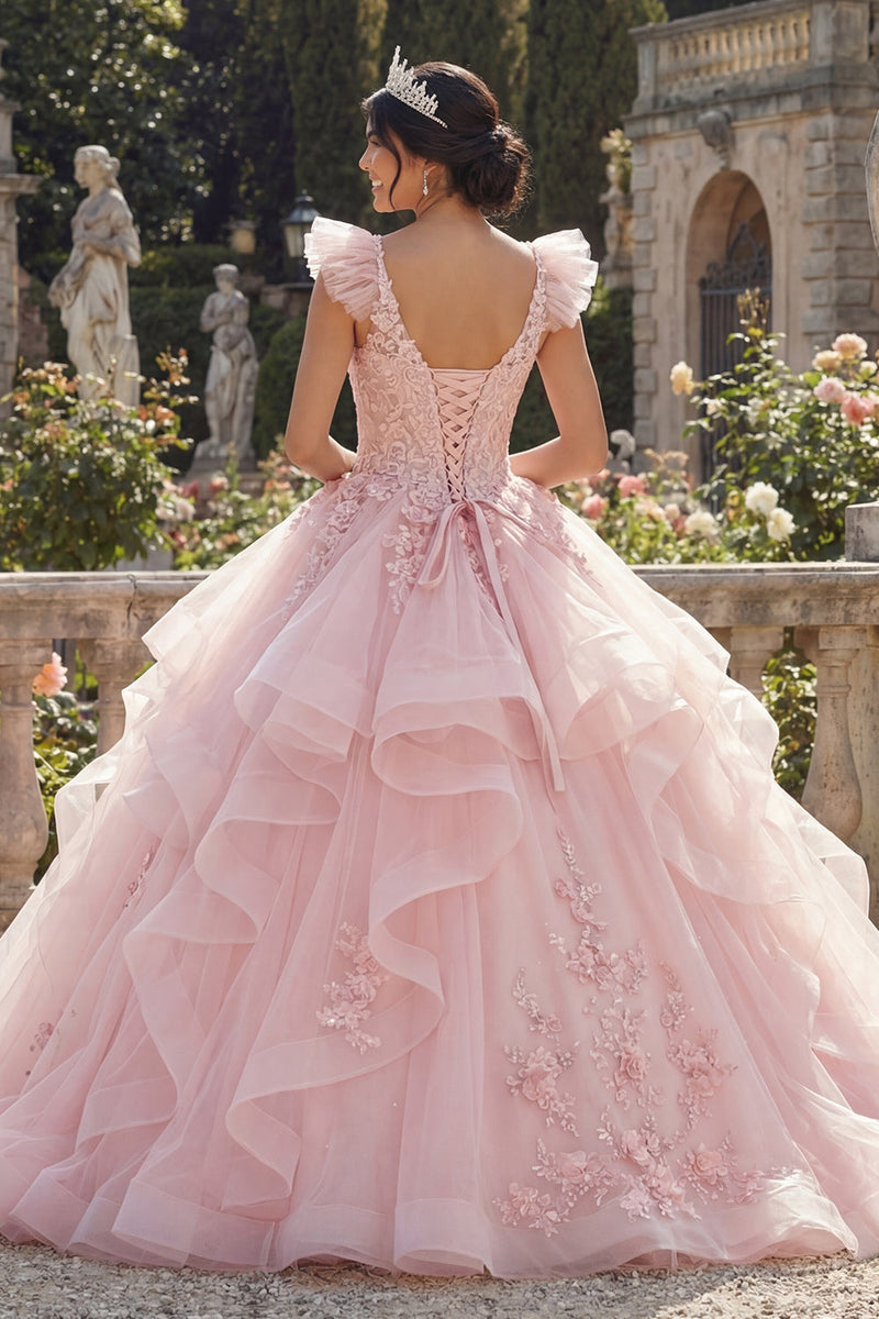 Laden Sie das Bild in den Galerie-Viewer, V-Ausschnitt Rosa Prinzessin Blumen Lang Korsett Quinceañera Kleid mit Rüschen