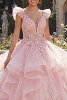 Laden Sie das Bild in den Galerie-Viewer, V-Ausschnitt Rosa Prinzessin Blumen Lang Korsett Quinceañera Kleid mit Rüschen