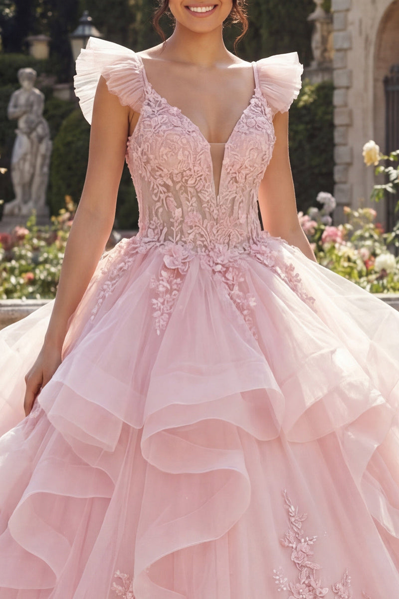 Laden Sie das Bild in den Galerie-Viewer, V-Ausschnitt Rosa Prinzessin Blumen Lang Korsett Quinceañera Kleid mit Rüschen