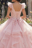Laden Sie das Bild in den Galerie-Viewer, V-Ausschnitt Rosa Prinzessin Blumen Lang Korsett Quinceañera Kleid mit Rüschen