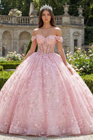 Laden Sie das Bild in den Galerie-Viewer, Rosa Prinzessin Paillette Blumen Lang Korsett Schulterfrei Quinceañera Kleid