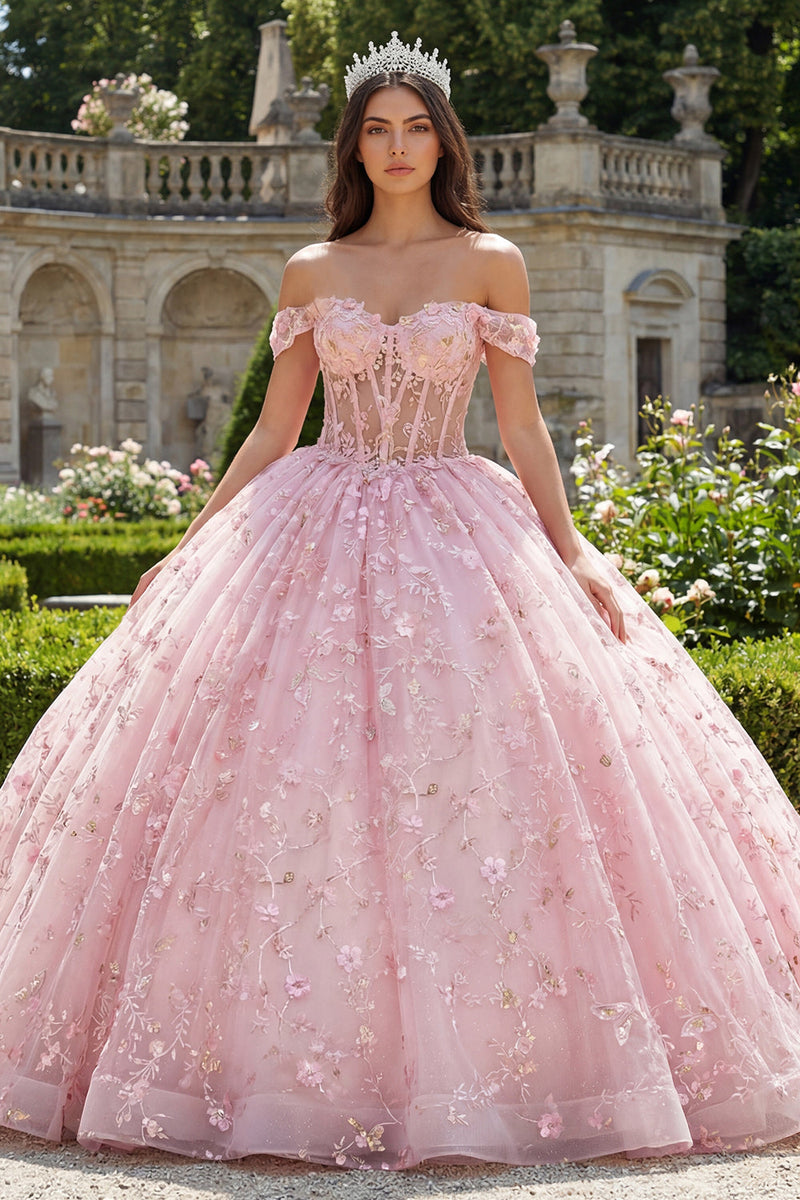 Laden Sie das Bild in den Galerie-Viewer, Rosa Prinzessin Paillette Blumen Lang Korsett Schulterfrei Quinceañera Kleid