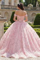 Laden Sie das Bild in den Galerie-Viewer, Rosa Prinzessin Paillette Blumen Lang Korsett Schulterfrei Quinceañera Kleid