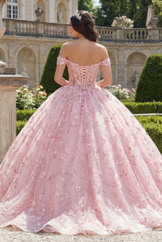 Rosa Prinzessin Paillette Blumen Lang Korsett Schulterfrei Quinceañera Kleid