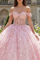Laden Sie das Bild in den Galerie-Viewer, Rosa Prinzessin Paillette Blumen Lang Korsett Schulterfrei Quinceañera Kleid