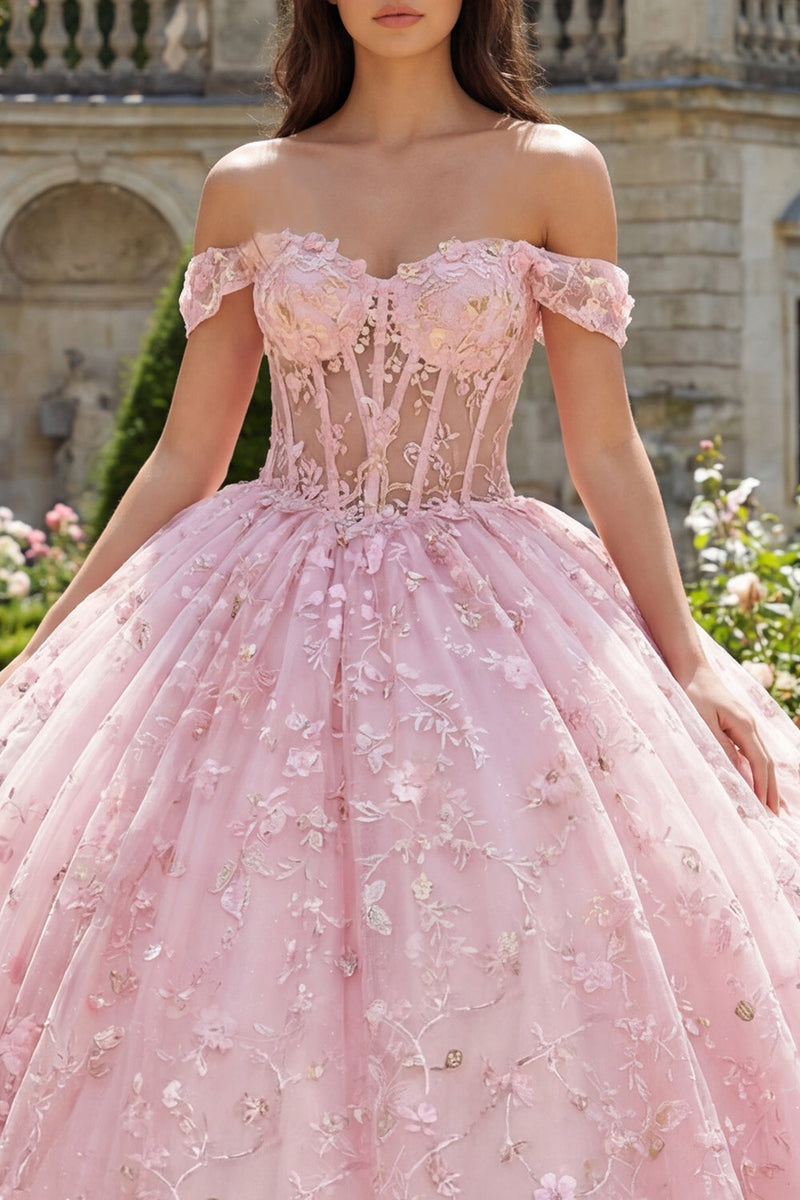Laden Sie das Bild in den Galerie-Viewer, Rosa Prinzessin Paillette Blumen Lang Korsett Schulterfrei Quinceañera Kleid