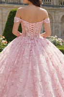 Laden Sie das Bild in den Galerie-Viewer, Rosa Prinzessin Paillette Blumen Lang Korsett Schulterfrei Quinceañera Kleid
