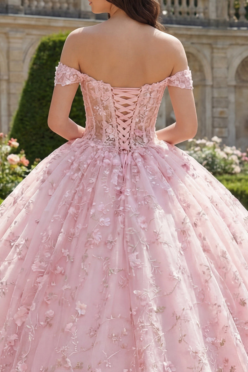 Laden Sie das Bild in den Galerie-Viewer, Rosa Prinzessin Paillette Blumen Lang Korsett Schulterfrei Quinceañera Kleid