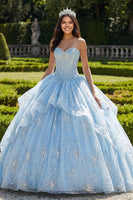 Laden Sie das Bild in den Galerie-Viewer, Funkelndes Hellblau Perlenverziert Prinzessin Blumen Lang Korsett Quinceañera Kleid mit Rüschen