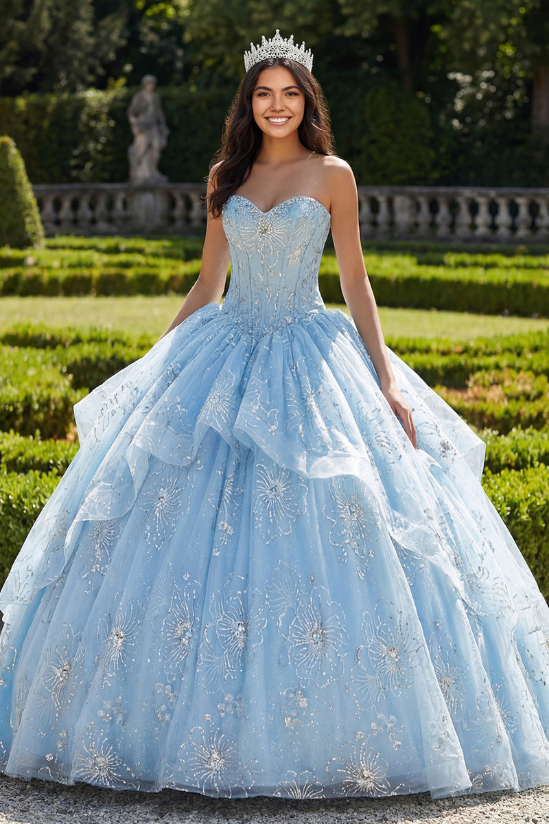 Laden Sie das Bild in den Galerie-Viewer, Funkelndes Hellblau Perlenverziert Prinzessin Blumen Lang Korsett Quinceañera Kleid mit Rüschen