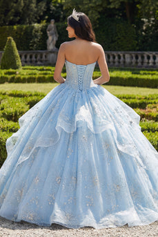 Funkelndes Hellblau Perlenverziert Prinzessin Blumen Lang Korsett Quinceañera Kleid mit Rüschen