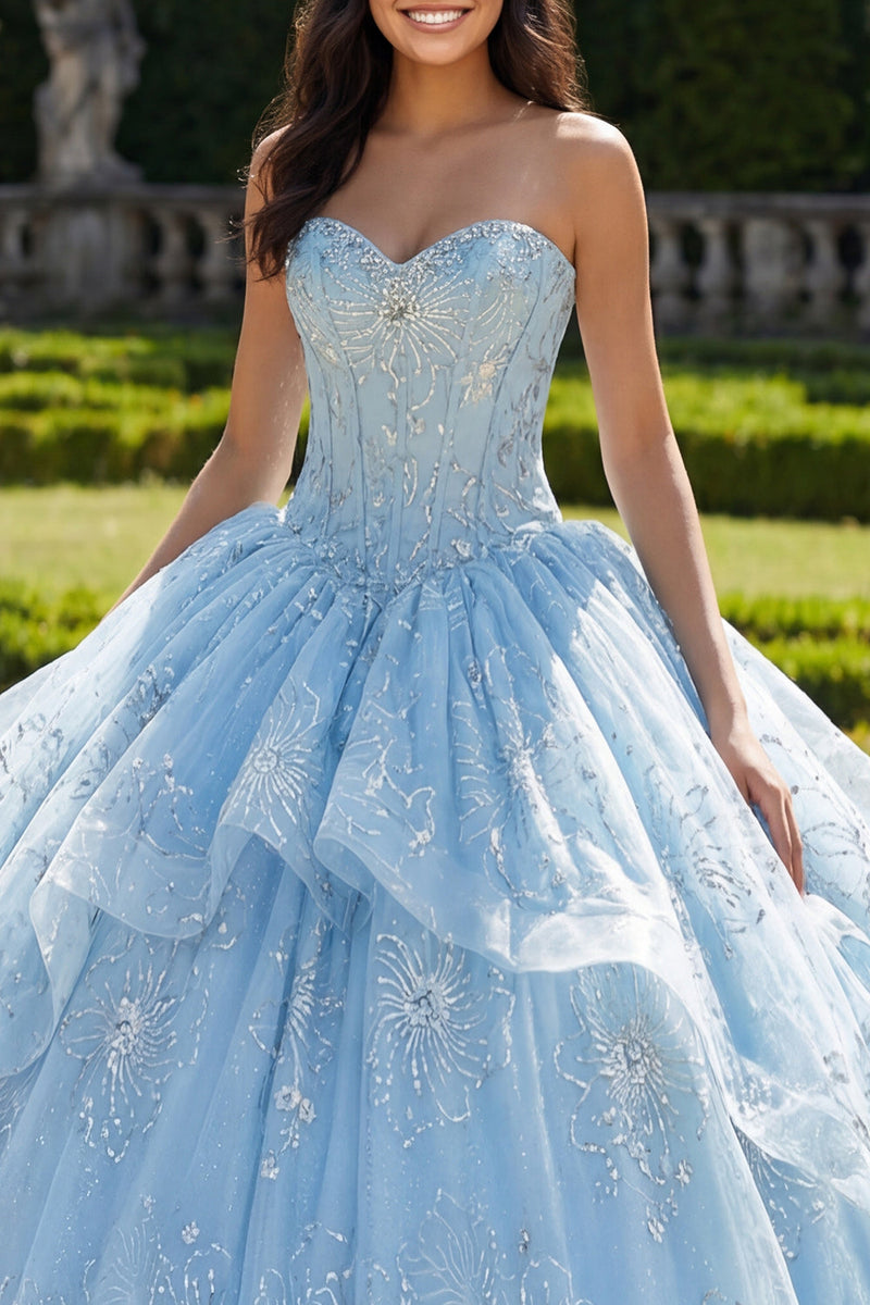 Laden Sie das Bild in den Galerie-Viewer, Funkelndes Hellblau Perlenverziert Prinzessin Blumen Lang Korsett Quinceañera Kleid mit Rüschen