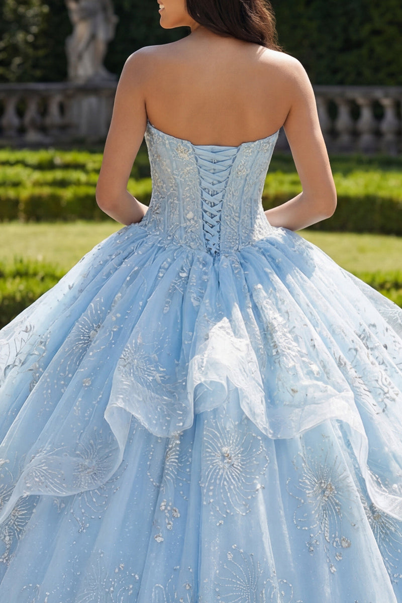 Laden Sie das Bild in den Galerie-Viewer, Funkelndes Hellblau Perlenverziert Prinzessin Blumen Lang Korsett Quinceañera Kleid mit Rüschen