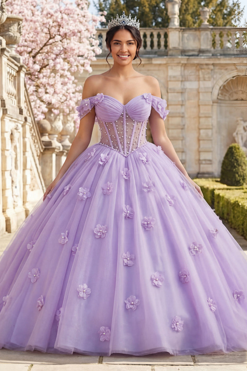Laden Sie das Bild in den Galerie-Viewer, Flieder Blumen Lang Korsett Schulterfrei Prinzessin Quinceañera Kleid mit Perlen