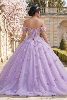 Flieder Blumen Lang Korsett Schulterfrei Prinzessin Quinceañera Kleid mit Perlen