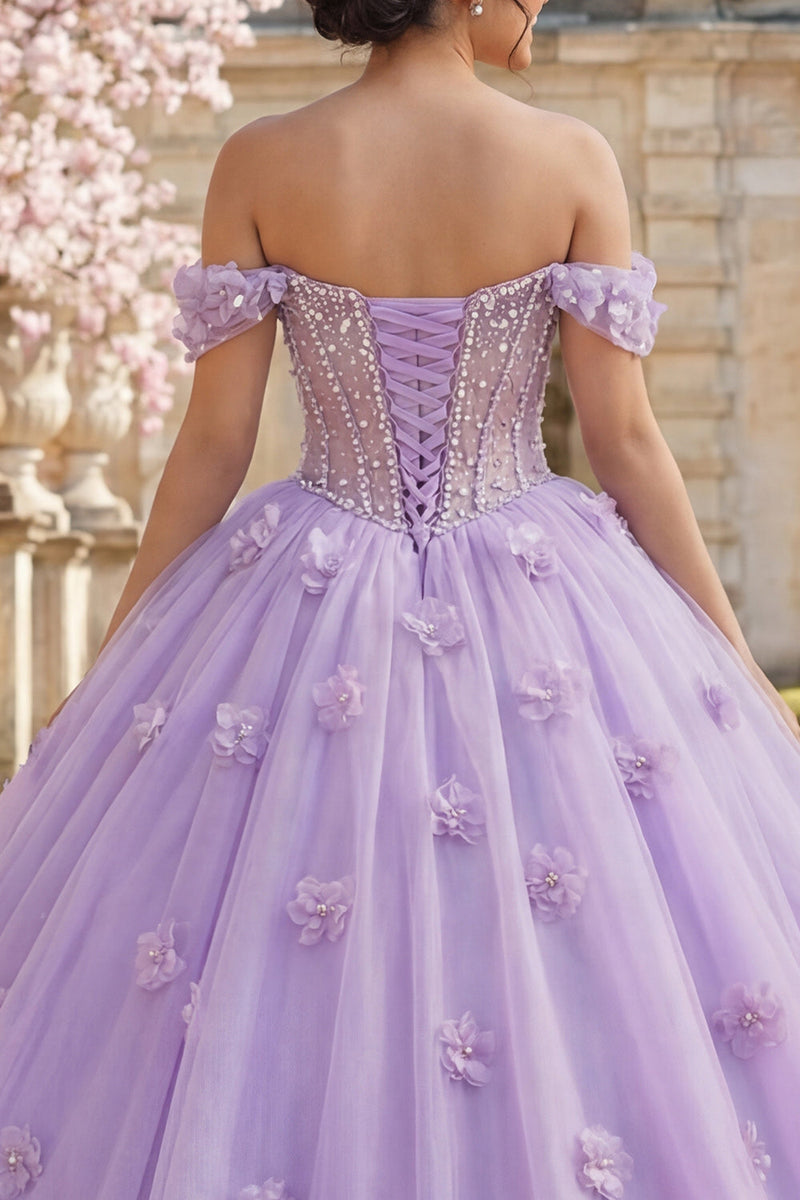 Laden Sie das Bild in den Galerie-Viewer, Flieder Blumen Lang Korsett Schulterfrei Prinzessin Quinceañera Kleid mit Perlen