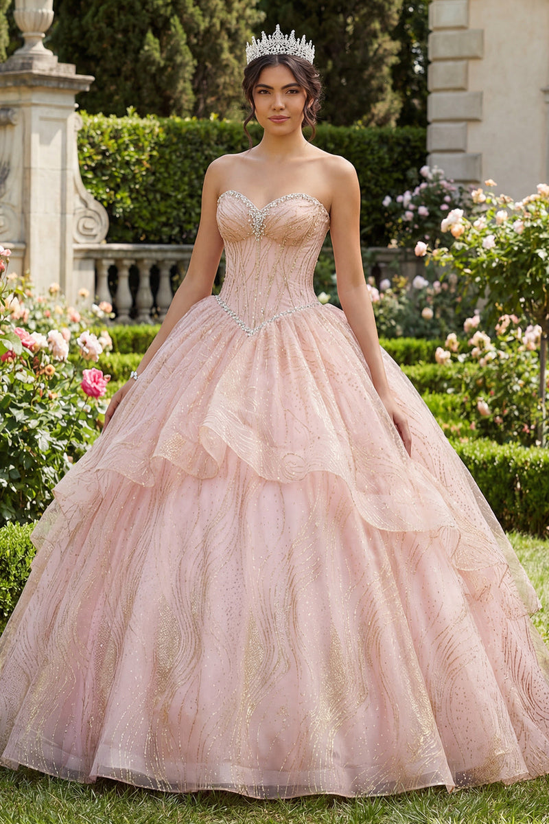 Laden Sie das Bild in den Galerie-Viewer, Glitzerndes Rosa Prinzessin Paillette Perlenverziert Lang Korsett Quinceañera Kleid mit Rüschen