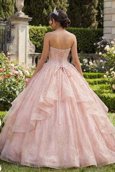 Glitzerndes Rosa Prinzessin Paillette Perlenverziert Lang Korsett Quinceañera Kleid mit Rüschen
