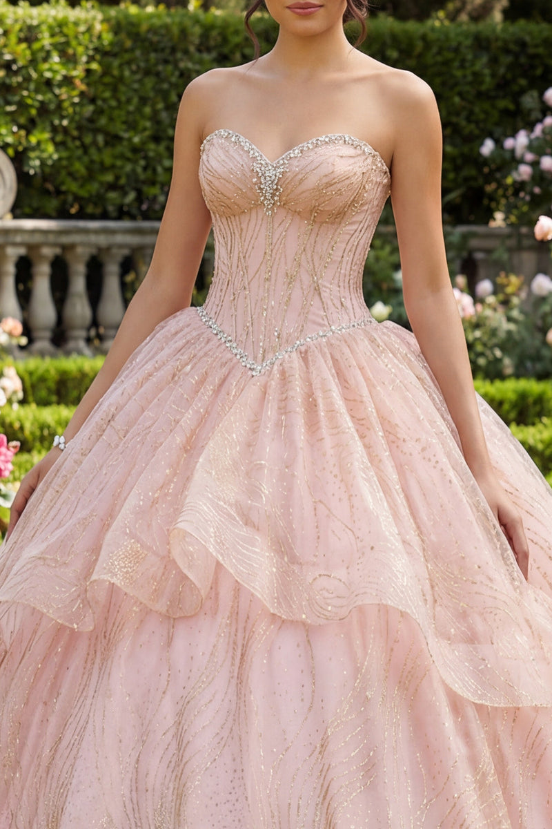 Laden Sie das Bild in den Galerie-Viewer, Glitzerndes Rosa Prinzessin Paillette Perlenverziert Lang Korsett Quinceañera Kleid mit Rüschen