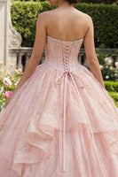 Laden Sie das Bild in den Galerie-Viewer, Glitzerndes Rosa Prinzessin Paillette Perlenverziert Lang Korsett Quinceañera Kleid mit Rüschen