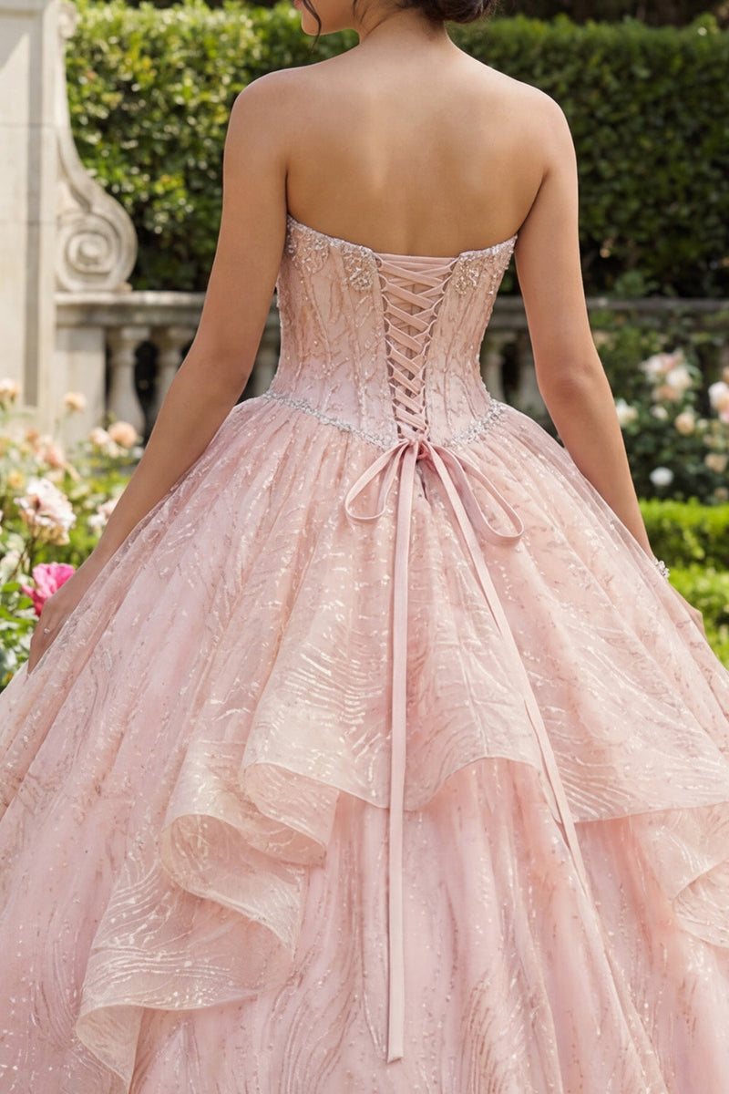 Laden Sie das Bild in den Galerie-Viewer, Glitzerndes Rosa Prinzessin Paillette Perlenverziert Lang Korsett Quinceañera Kleid mit Rüschen
