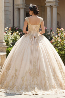 Champagner Prinzessin Applikation Lang Quinceañera Kleid