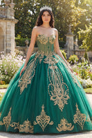Laden Sie das Bild in den Galerie-Viewer, Glitzerndes Grün Perlenverziert Prinzessin Trägerlos Lang Korsett Quinceañera Kleid mit Applikationen