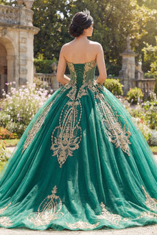 Glitzerndes Grün Perlenverziert Prinzessin Trägerlos Lang Korsett Quinceañera Kleid mit Applikationen