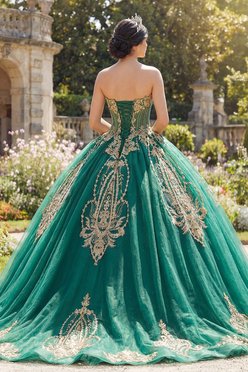 Laden Sie das Bild in den Galerie-Viewer, Glitzerndes Grün Perlenverziert Prinzessin Trägerlos Lang Korsett Quinceañera Kleid mit Applikationen