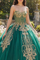 Laden Sie das Bild in den Galerie-Viewer, Glitzerndes Grün Perlenverziert Prinzessin Trägerlos Lang Korsett Quinceañera Kleid mit Applikationen