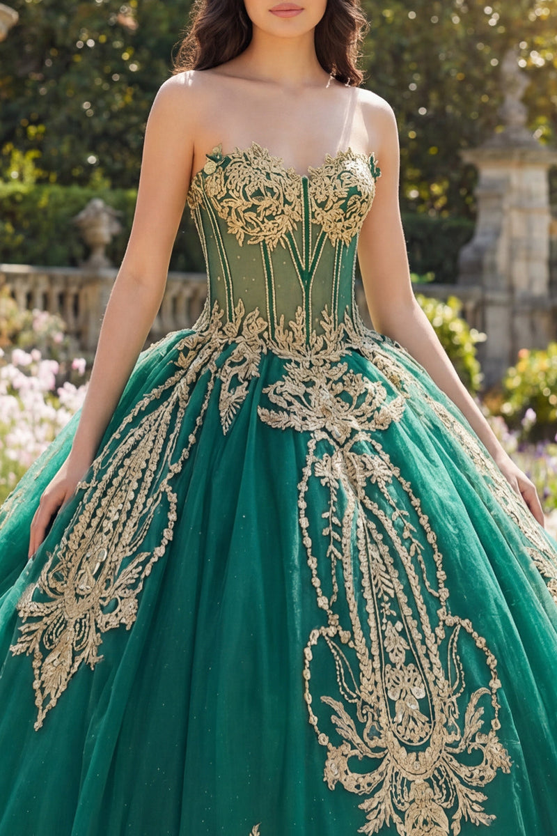 Laden Sie das Bild in den Galerie-Viewer, Glitzerndes Grün Perlenverziert Prinzessin Trägerlos Lang Korsett Quinceañera Kleid mit Applikationen