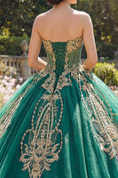 Laden Sie das Bild in den Galerie-Viewer, Glitzerndes Grün Perlenverziert Prinzessin Trägerlos Lang Korsett Quinceañera Kleid mit Applikationen