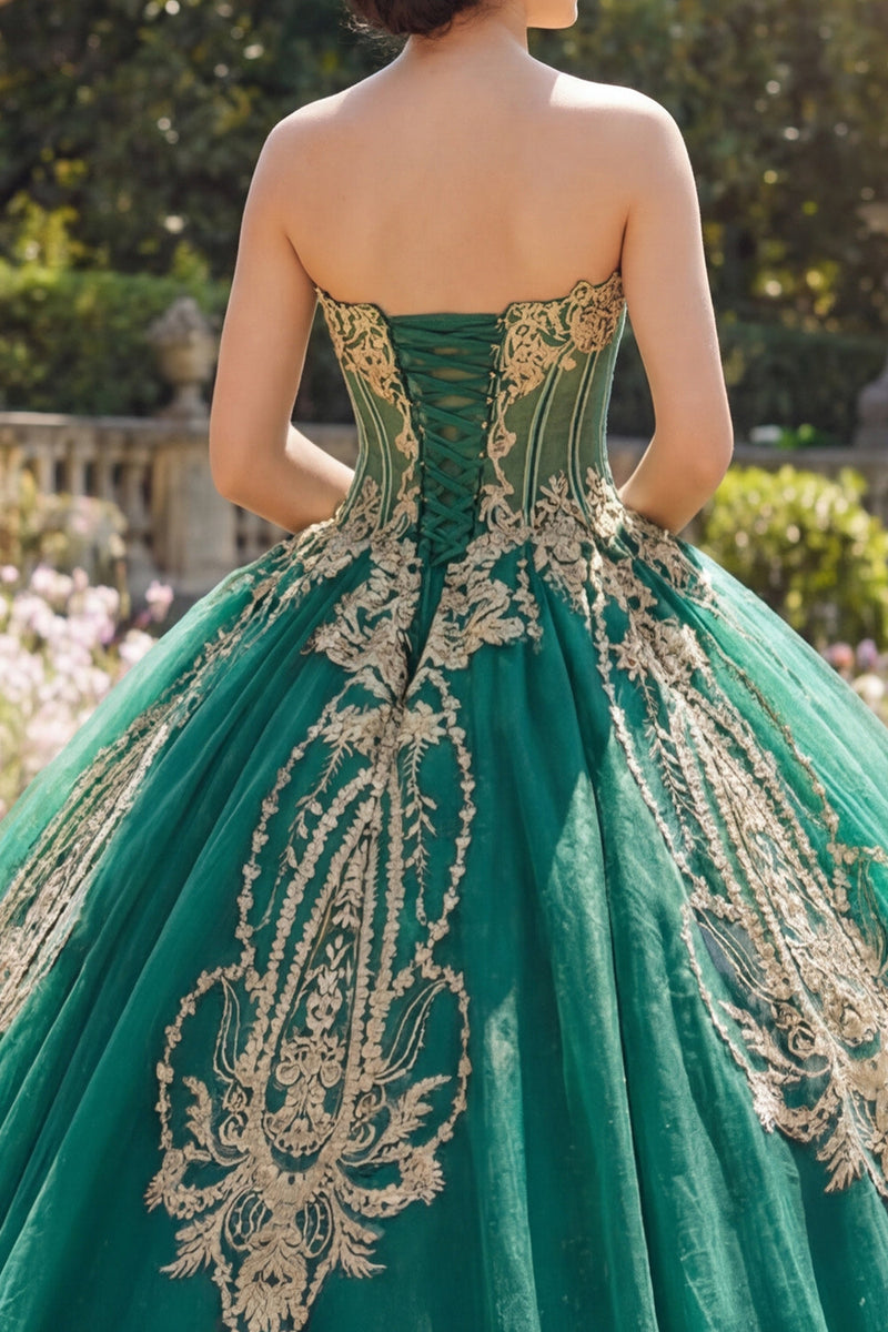 Laden Sie das Bild in den Galerie-Viewer, Glitzerndes Grün Perlenverziert Prinzessin Trägerlos Lang Korsett Quinceañera Kleid mit Applikationen