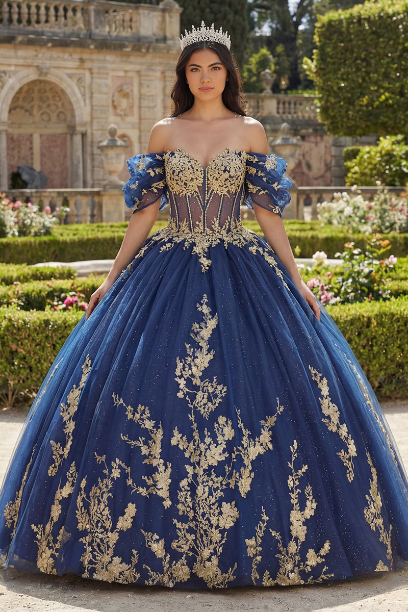 Laden Sie das Bild in den Galerie-Viewer, Applikation Marine Glitzer Prinzessin Blumen Lang Korsett Quinceañera Kleid