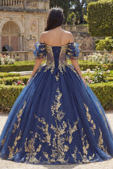 Applikation Marine Glitzer Prinzessin Blumen Lang Korsett Quinceañera Kleid