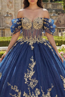 Laden Sie das Bild in den Galerie-Viewer, Applikation Marine Glitzer Prinzessin Blumen Lang Korsett Quinceañera Kleid