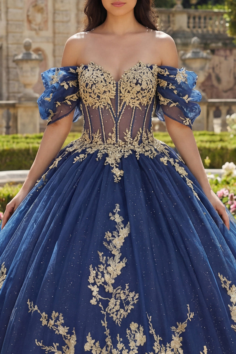 Laden Sie das Bild in den Galerie-Viewer, Applikation Marine Glitzer Prinzessin Blumen Lang Korsett Quinceañera Kleid