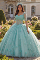 Laden Sie das Bild in den Galerie-Viewer, Glitzerndes Hellgrün Perlenverziert Prinzessin Glitzer Blumen Lang Korsett Quinceañera Kleid