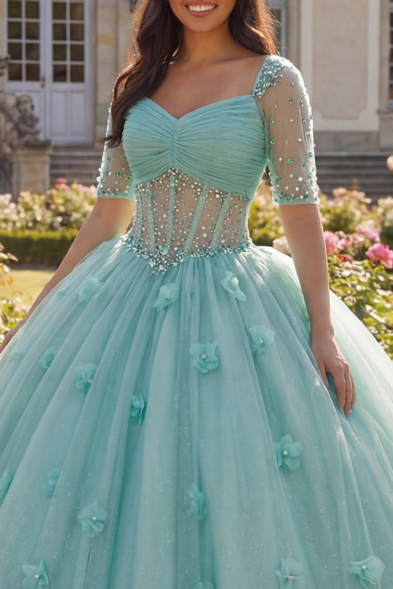 Laden Sie das Bild in den Galerie-Viewer, Glitzerndes Hellgrün Perlenverziert Prinzessin Glitzer Blumen Lang Korsett Quinceañera Kleid