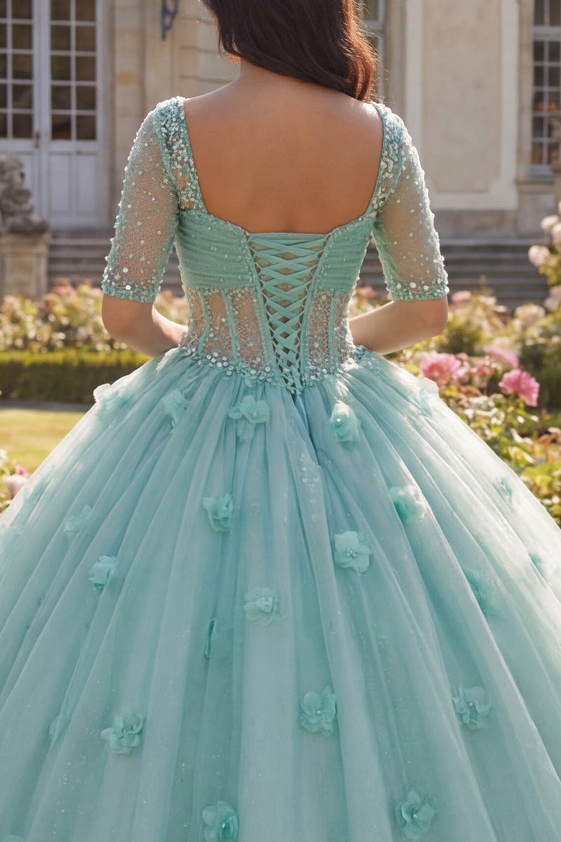 Laden Sie das Bild in den Galerie-Viewer, Glitzerndes Hellgrün Perlenverziert Prinzessin Glitzer Blumen Lang Korsett Quinceañera Kleid
