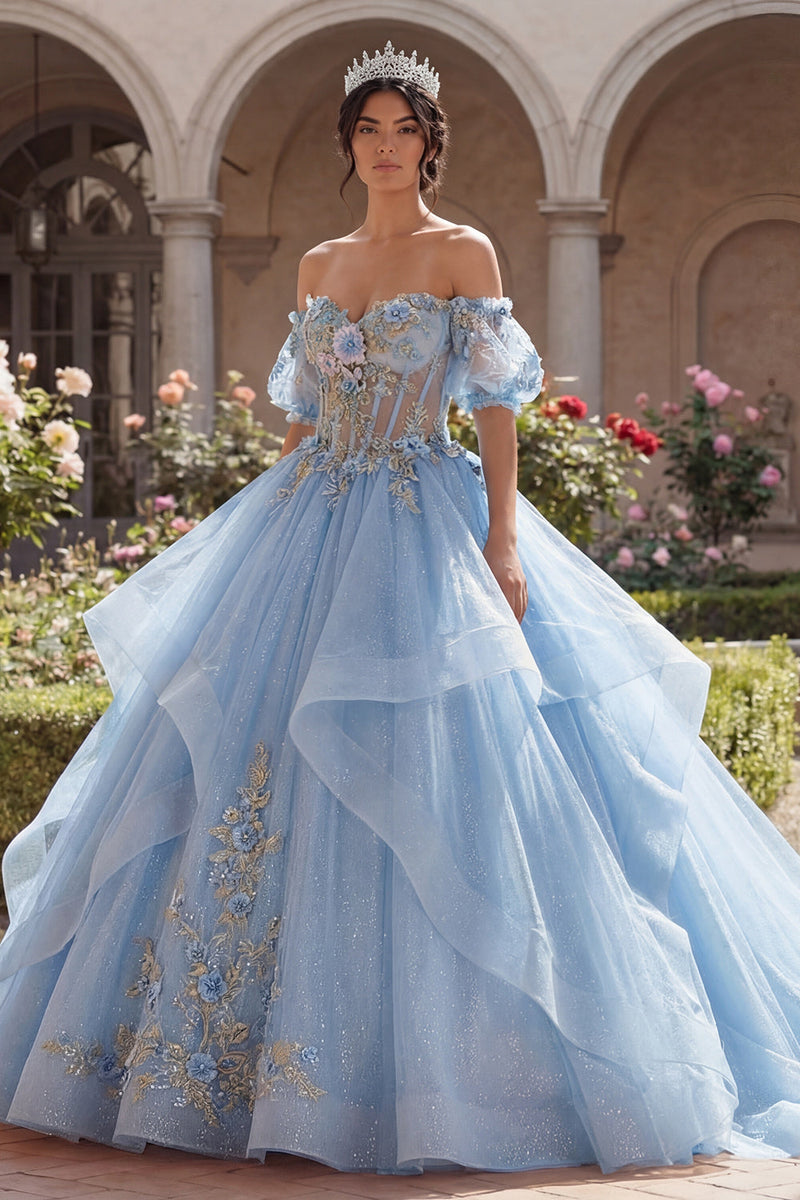 Laden Sie das Bild in den Galerie-Viewer, Glitzer Hellblau Prinzessin Blumen Lang Korsett Quinceañera Kleid mit Rüschen