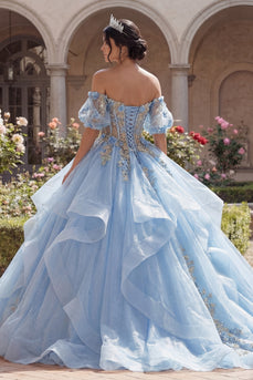 Glitzer Hellblau Prinzessin Blumen Lang Korsett Quinceañera Kleid mit Rüschen